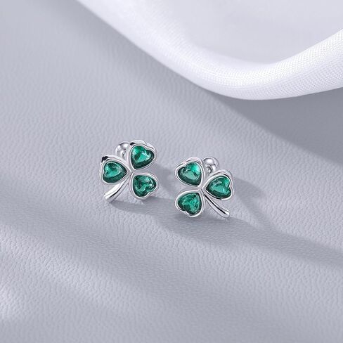 Reffeer Solid 925 Sterling Silver Green CZ Flower Stud arocks Clover for Women Teen Girls Clover Stud arock arock shamrock shamrock st Patricks Day أقراط in Saudi Arabia