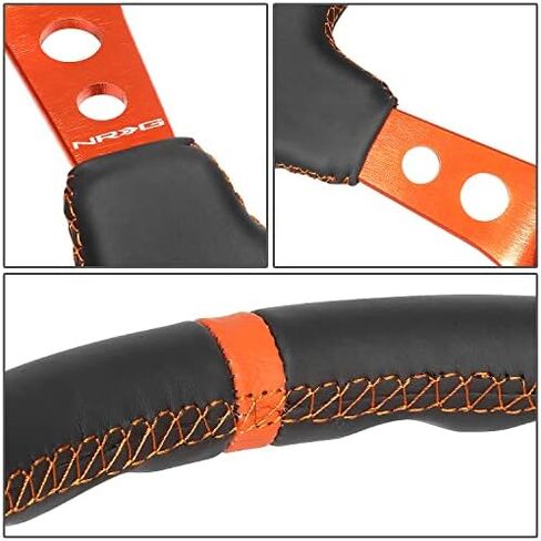 NRG Innovations RST-006OR عجلة قيادة بفتحات ثلاثية الأضلاع مع زر قرن، تناسب نمط الترباس 6X70 مم، جلد أسود/خياطة برتقالية in Saudi Arabia