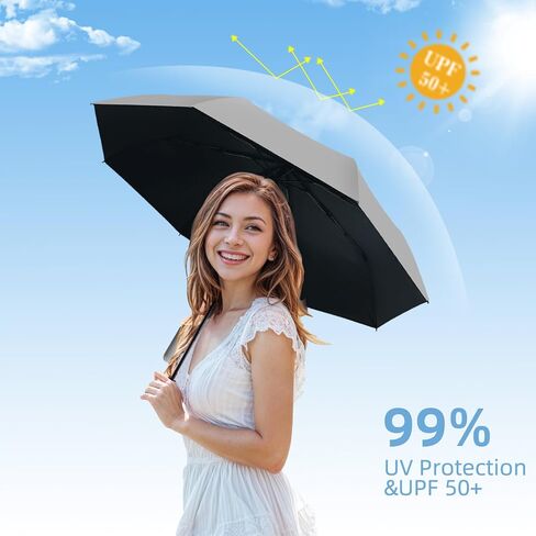 Windproof Travel Umbrella, Automatic Lightweight Compact Portable Folding Umbrella for Backpack, Small Umbrellas for Rain UV Sun Protection, Perfect for Car, Purse, Men and Women (Beige) in Kuwait