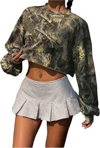 Women's Y2k Camo Print Crop Crewneck Sweatshirt Long Sleeve Drop Shoulder Vintage Pullover Tops in Saudi Arabia