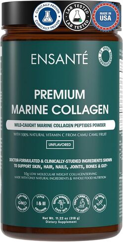 ENSANTE Premium Marine Collagen Peptides Powder Unflavored, Clinically Backed Type I II III IV Collagen, Wild Deep Sea Collagen with Organic Camu Camu Vitamin C for Hair Skin Nail Joint, Lab Tested in Saudi Arabia