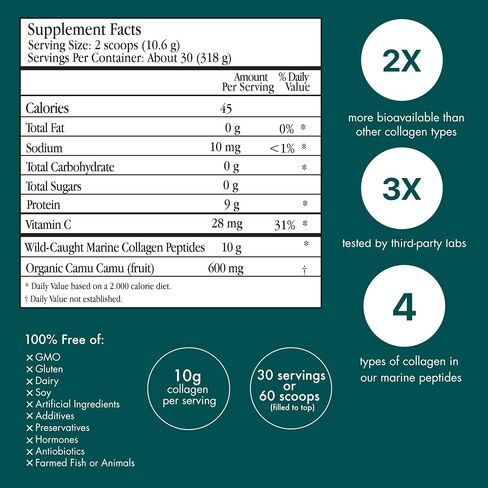 ENSANTE Premium Marine Collagen Peptides Powder Unflavored, Clinically Backed Type I II III IV Collagen, Wild Deep Sea Collagen with Organic Camu Camu Vitamin C for Hair Skin Nail Joint, Lab Tested in Saudi Arabia