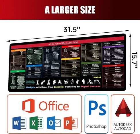Computer Office Shortcuts Mousepad, Excel/Word/PPT Shortcut Cheat Sheet Mat, Desk Mat for Decor, Non-Slip Keyboard Mat, Employee Appreciation Gifts (Office, 11.8"x9.8" x0 .12" Small) in Kuwait