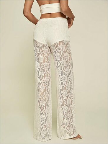 Women's Y2K Floral Lace See Through Pants Sheer Straight Leg Long Pants Club Wear in Kuwait