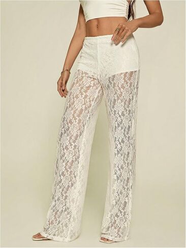 Women's Y2K Floral Lace See Through Pants Sheer Straight Leg Long Pants Club Wear in Kuwait