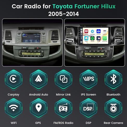 8 Core 4+64GB Wireless Carplay Stereo for 2005-2014 Toyota Fortuner Hilux Android Radio, Hikity 9'' Touch Screen Hilux Car Stereo, Android Auto, 32EQ DSP, WiFi, GPS Navi, SWC, Mic, Backup Cam, Black in Kuwait