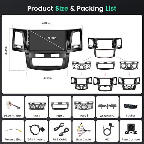 8 Core 4+64GB Wireless Carplay Stereo for 2005-2014 Toyota Fortuner Hilux Android Radio, Hikity 9'' Touch Screen Hilux Car Stereo, Android Auto, 32EQ DSP, WiFi, GPS Navi, SWC, Mic, Backup Cam, Black in Kuwait