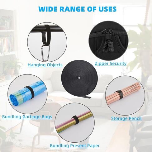 8 Yards x 1 Inch Adjustable Black Cable Straps – Reusable Hook and Loop Fastening Ties Roll with Free Cut Length for Wire Management and Cord Organization in Kuwait