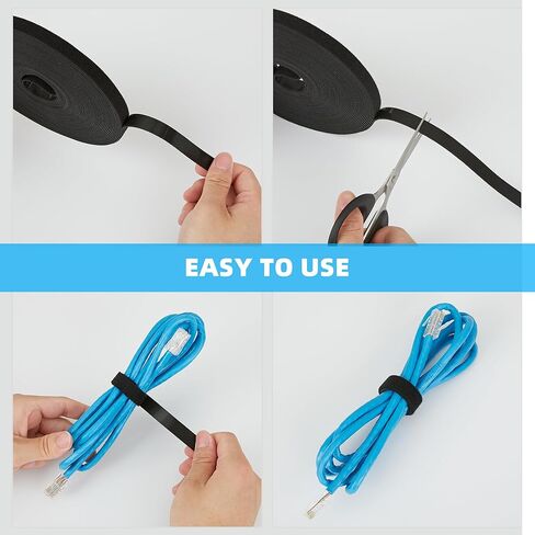 8 Yards x 1 Inch Adjustable Black Cable Straps – Reusable Hook and Loop Fastening Ties Roll with Free Cut Length for Wire Management and Cord Organization in Kuwait