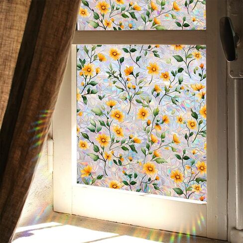 Window Film, Stain Daisy Glass Film Rainbow Flowers Static Glass Window Clings Stickers for Home Office Living Room Bedroom Glass Windows Door Decor in Saudi Arabia