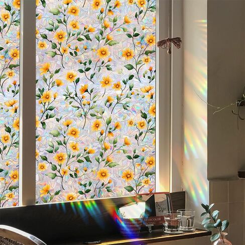 Window Film, Stain Daisy Glass Film Rainbow Flowers Static Glass Window Clings Stickers for Home Office Living Room Bedroom Glass Windows Door Decor in Saudi Arabia