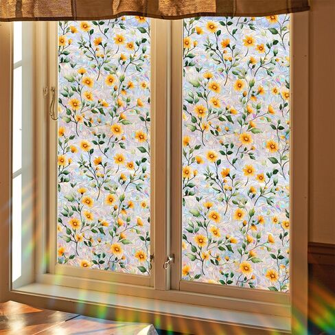 Window Film, Stain Daisy Glass Film Rainbow Flowers Static Glass Window Clings Stickers for Home Office Living Room Bedroom Glass Windows Door Decor in Saudi Arabia
