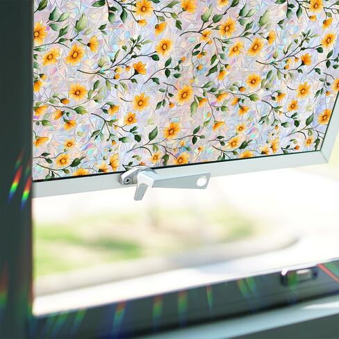 Window Film, Stain Daisy Glass Film Rainbow Flowers Static Glass Window Clings Stickers for Home Office Living Room Bedroom Glass Windows Door Decor in Saudi Arabia