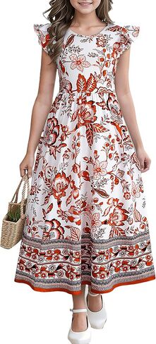 Girl's Dress Summer Boho Floral Flutter Sleeve Party Casual A Line Vacation Maxi Dress 9-14 Years in Saudi Arabia