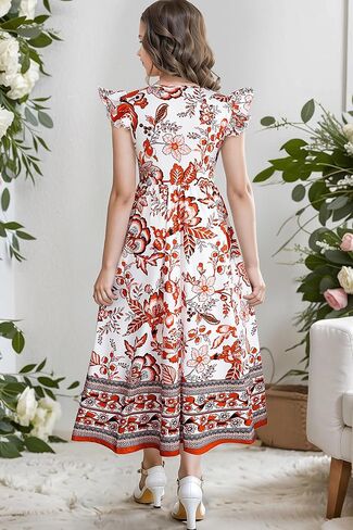 Girl's Dress Summer Boho Floral Flutter Sleeve Party Casual A Line Vacation Maxi Dress 9-14 Years in Saudi Arabia