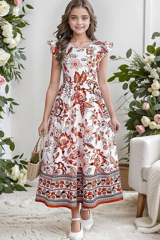 Girl's Dress Summer Boho Floral Flutter Sleeve Party Casual A Line Vacation Maxi Dress 9-14 Years in Saudi Arabia