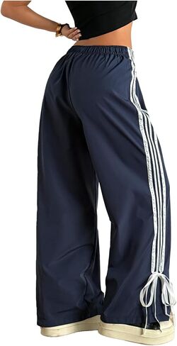 Wdirara Women's Petite Side Striped Bowknot Track Pants مرنة الخصر على عريض الساق الفضفاضة in Saudi Arabia