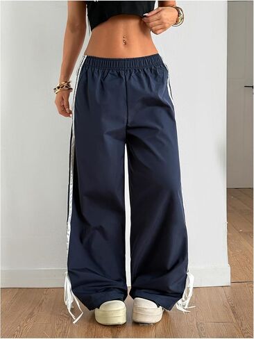 Wdirara Women's Petite Side Striped Bowknot Track Pants مرنة الخصر على عريض الساق الفضفاضة in Saudi Arabia