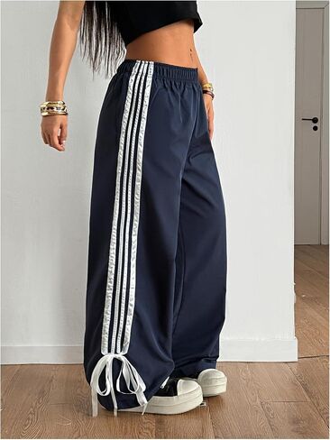 Wdirara Women's Petite Side Striped Bowknot Track Pants مرنة الخصر على عريض الساق الفضفاضة in Saudi Arabia