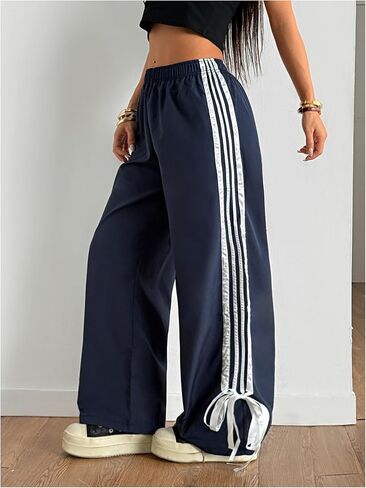 Wdirara Women's Petite Side Striped Bowknot Track Pants مرنة الخصر على عريض الساق الفضفاضة in Saudi Arabia