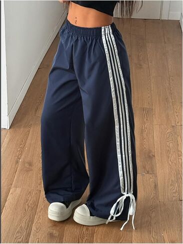Wdirara Women's Petite Side Striped Bowknot Track Pants مرنة الخصر على عريض الساق الفضفاضة in Saudi Arabia
