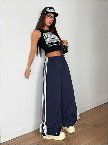 Wdirara Women's Petite Side Striped Bowknot Track Pants مرنة الخصر على عريض الساق الفضفاضة in Saudi Arabia