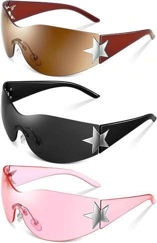 3 Pairs Y2K Sunglasses for Women Men, Trendy Shield Wrap Around Sun Glasses, Rimless Star Sunglasses, Oversized Fashion Frameless Sun Glasses Cycling Driving Shopping Outdoor Pink, Silver, Black in Saudi Arabia