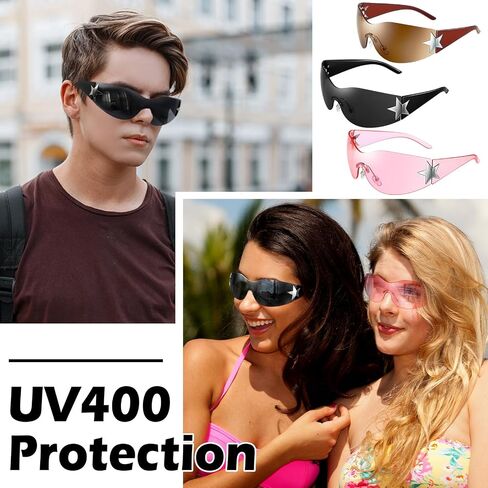 3 Pairs Y2K Sunglasses for Women Men, Trendy Shield Wrap Around Sun Glasses, Rimless Star Sunglasses, Oversized Fashion Frameless Sun Glasses Cycling Driving Shopping Outdoor Pink, Silver, Black in Saudi Arabia