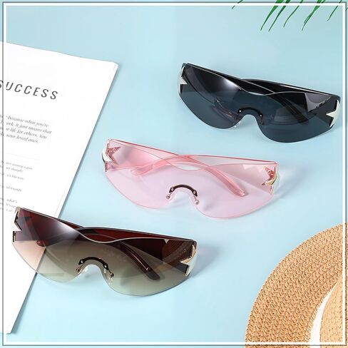 3 Pairs Y2K Sunglasses for Women Men, Trendy Shield Wrap Around Sun Glasses, Rimless Star Sunglasses, Oversized Fashion Frameless Sun Glasses Cycling Driving Shopping Outdoor Pink, Silver, Black in Saudi Arabia