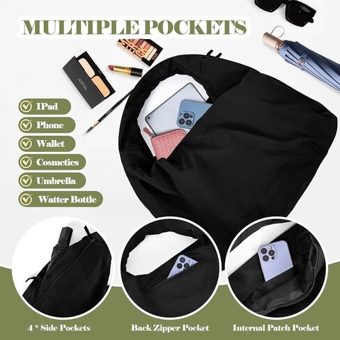 Slouchy Tote Bag Multipockets Nylon Purse Large Hobo Bags for Women Solid Color Crescent Handbag in Kuwait