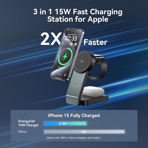 3-in-1 محطة شحن لاسلكية لأجهزة Apple ، شاحن لاسلكي 15 واط لجهاز iPhone 16/15/14/13/12 ، Apple Watch ، AirPods ، محطة شحن Apple Fast Apple Magnetic (أسود) in Kuwait