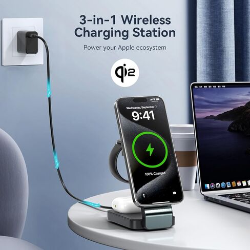 3-in-1 محطة شحن لاسلكية لأجهزة Apple ، شاحن لاسلكي 15 واط لجهاز iPhone 16/15/14/13/12 ، Apple Watch ، AirPods ، محطة شحن Apple Fast Apple Magnetic (أسود) in Kuwait