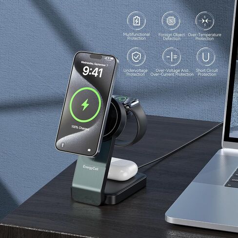 3-in-1 محطة شحن لاسلكية لأجهزة Apple ، شاحن لاسلكي 15 واط لجهاز iPhone 16/15/14/13/12 ، Apple Watch ، AirPods ، محطة شحن Apple Fast Apple Magnetic (أسود) in Kuwait