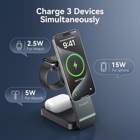 3-in-1 محطة شحن لاسلكية لأجهزة Apple ، شاحن لاسلكي 15 واط لجهاز iPhone 16/15/14/13/12 ، Apple Watch ، AirPods ، محطة شحن Apple Fast Apple Magnetic (أسود) in Kuwait