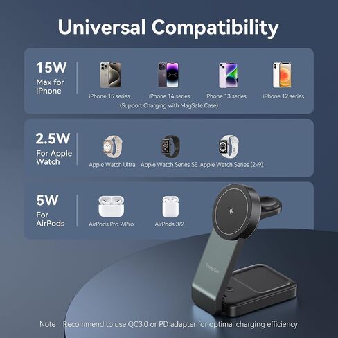 3-in-1 محطة شحن لاسلكية لأجهزة Apple ، شاحن لاسلكي 15 واط لجهاز iPhone 16/15/14/13/12 ، Apple Watch ، AirPods ، محطة شحن Apple Fast Apple Magnetic (أسود) in Kuwait