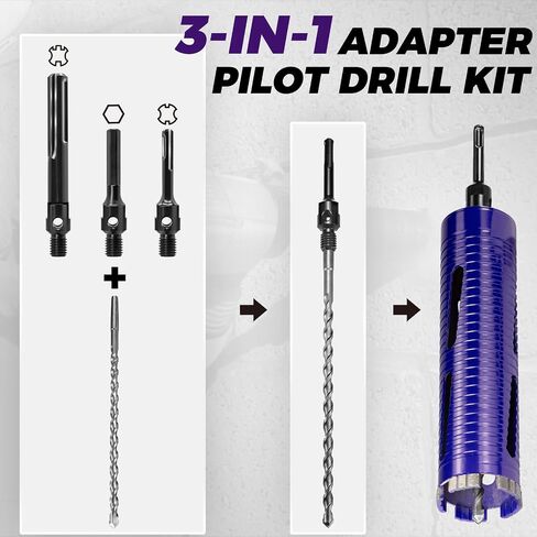 3-1/2" Pro Dry Core Drill Bit with Pilot Bit & 3 Adapters (SDS Plus/SDS Max/1/2 Hex), Upgraded-Welded Core Bits for Concrete with Rebar, Masonry, Brick, Mortar - 9.5" Depth, 5/8"-11 Thread in Kuwait