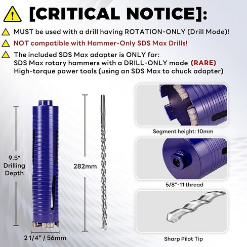 3-1/2" Pro Dry Core Drill Bit with Pilot Bit & 3 Adapters (SDS Plus/SDS Max/1/2 Hex), Upgraded-Welded Core Bits for Concrete with Rebar, Masonry, Brick, Mortar - 9.5" Depth, 5/8"-11 Thread in Kuwait