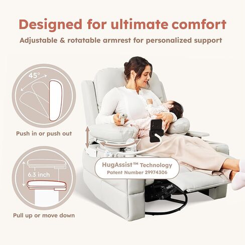Rocking Chair Nursery with Adjustable Armrests, Electric Glider Recliner Nursing Chair for Breastfeeding, Power Swivel Recliner Chairs with USB Port and Storage, FSC Certified (Vanilla) in Kuwait
