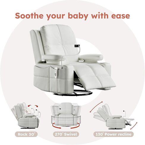 Rocking Chair Nursery with Adjustable Armrests, Electric Glider Recliner Nursing Chair for Breastfeeding, Power Swivel Recliner Chairs with USB Port and Storage, FSC Certified (Vanilla) in Kuwait