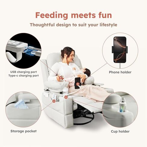 Rocking Chair Nursery with Adjustable Armrests, Electric Glider Recliner Nursing Chair for Breastfeeding, Power Swivel Recliner Chairs with USB Port and Storage, FSC Certified (Vanilla) in Kuwait