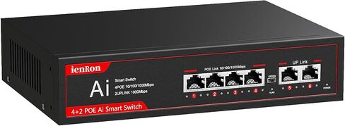 5 Ports PoE Switch, 4 Ports Gigabit PoE Switch with 1 Uplink Gigabit Port, Plug and Play with AI Detection VLAN Mode Unmanaged Ethernet Splitter Network Switch in Metal Case, Red / Black in Kuwait