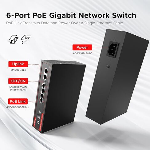 5 Ports PoE Switch, 4 Ports Gigabit PoE Switch with 1 Uplink Gigabit Port, Plug and Play with AI Detection VLAN Mode Unmanaged Ethernet Splitter Network Switch in Metal Case, Red / Black in Kuwait