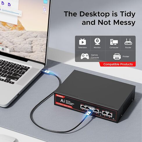 5 Ports PoE Switch, 4 Ports Gigabit PoE Switch with 1 Uplink Gigabit Port, Plug and Play with AI Detection VLAN Mode Unmanaged Ethernet Splitter Network Switch in Metal Case, Red / Black in Kuwait