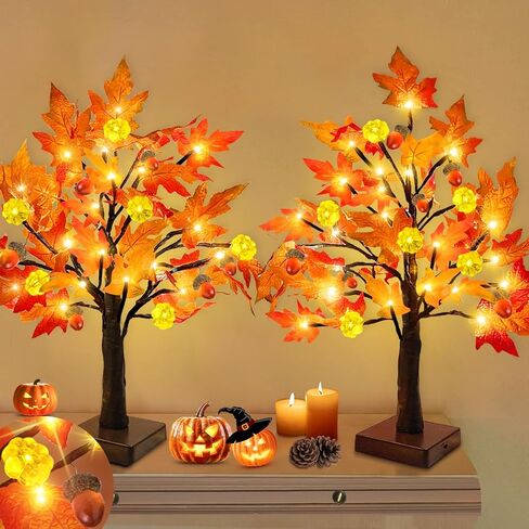 TURNMEON Fall Decor 2 Pack 18 Inch Prelit Fall Maple Tree Fall Decorations for Home with 48 LEDs Timer Battery Operated Lighted Pumpkins 6 Acorn Tabletop Halloween Thanksgiving Decorations Indoor in Saudi Arabia