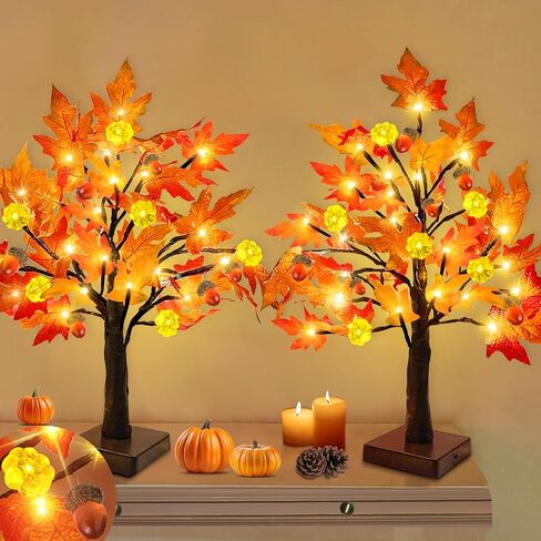 TURNMEON Fall Decor 2 Pack 18 Inch Prelit Fall Maple Tree Fall Decorations for Home with 48 LEDs Timer Battery Operated Lighted Pumpkins 6 Acorn Tabletop Halloween Thanksgiving Decorations Indoor in Saudi Arabia