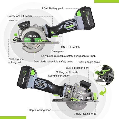 WORKPRO 5.8Amp 3500RPM Circular Saw with Parallel Guide, Maximum Cutting Depth 1-11/16″(90°),1-1/8″(45°), Compact Circular Saw with Three 4-1/2" Blades for Wood, PVC, Tile, Cement Block in Kuwait