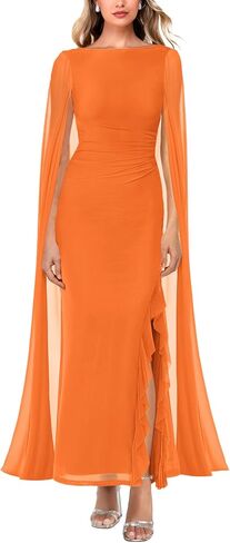 MAYFASEY Women's Sexy Elegant Long Sleeve High Split Mesh Ruched Formal Long Evening Party Maxi Dress with Cape in Kuwait