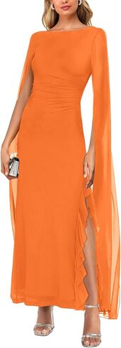 MAYFASEY Women's Sexy Elegant Long Sleeve High Split Mesh Ruched Formal Long Evening Party Maxi Dress with Cape in Kuwait