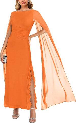 MAYFASEY Women's Sexy Elegant Long Sleeve High Split Mesh Ruched Formal Long Evening Party Maxi Dress with Cape in Kuwait