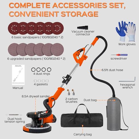 Drywall Sander Tool, KUPERIA 8.5 Amp Popcorn Ceiling Removal Tool with 7 Variable Speed 800-1800RPM, Electric Drywall Sander with Extendable Handle, LED Light,6 Basic Sand Paper & 6 Grid Sandpaper in Saudi Arabia